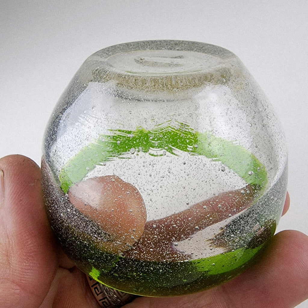 Hand Blown Bubble Glass Serving Dish Salt Cellar Green and Clear Vintage