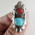 Native Turquoise & Coral Sandcast Ring Size 8 1/2 in Sterling Silver 925