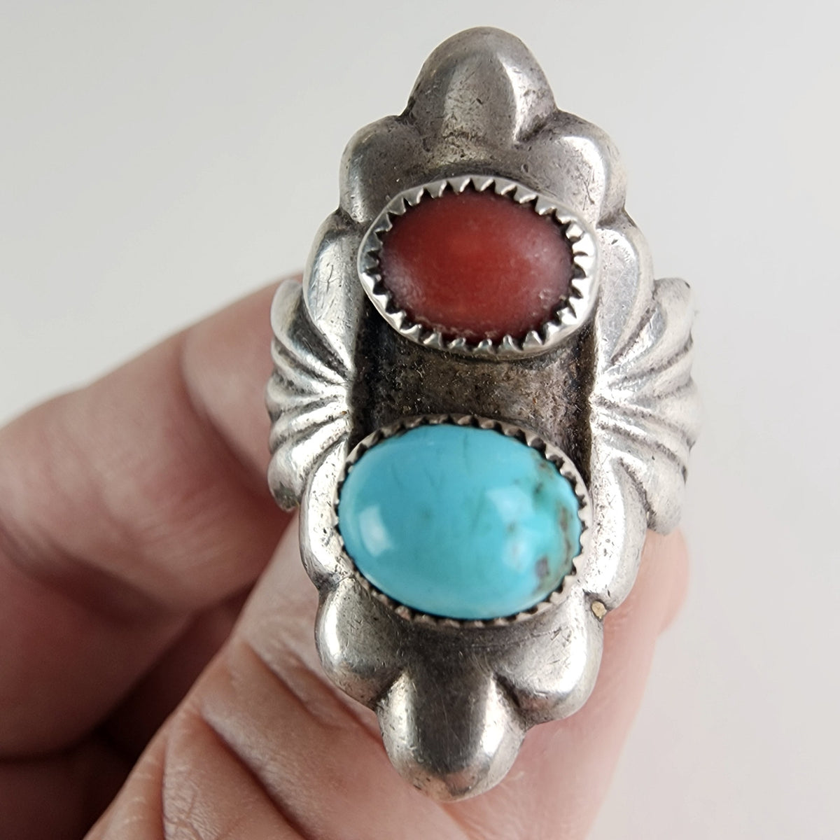 Native Turquoise & Coral Sandcast Ring Size 8 1/2 in Sterling Silver 925