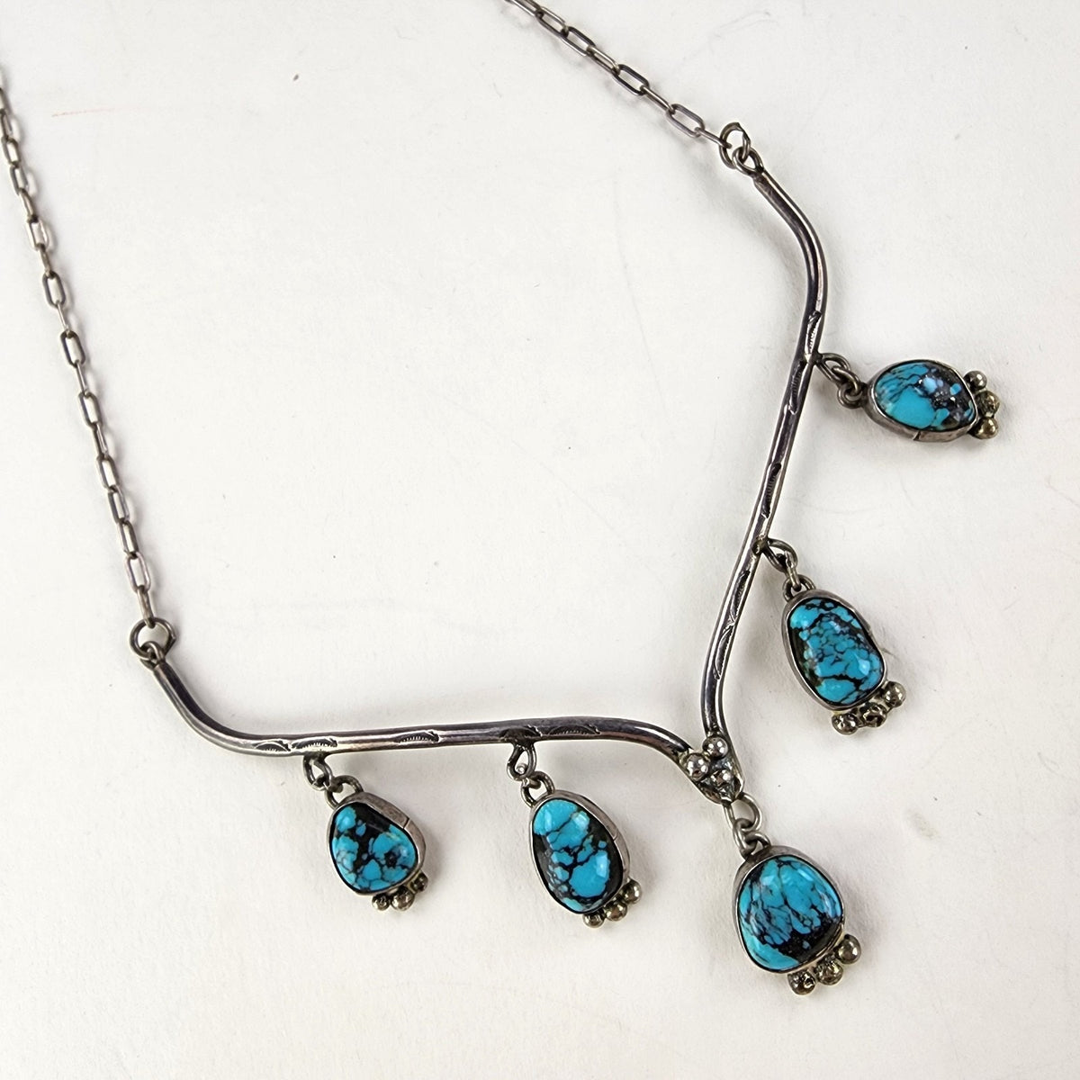 20" Turquoise Drop Native Collar Necklace Sterling Silver 925 Navajo Stamped