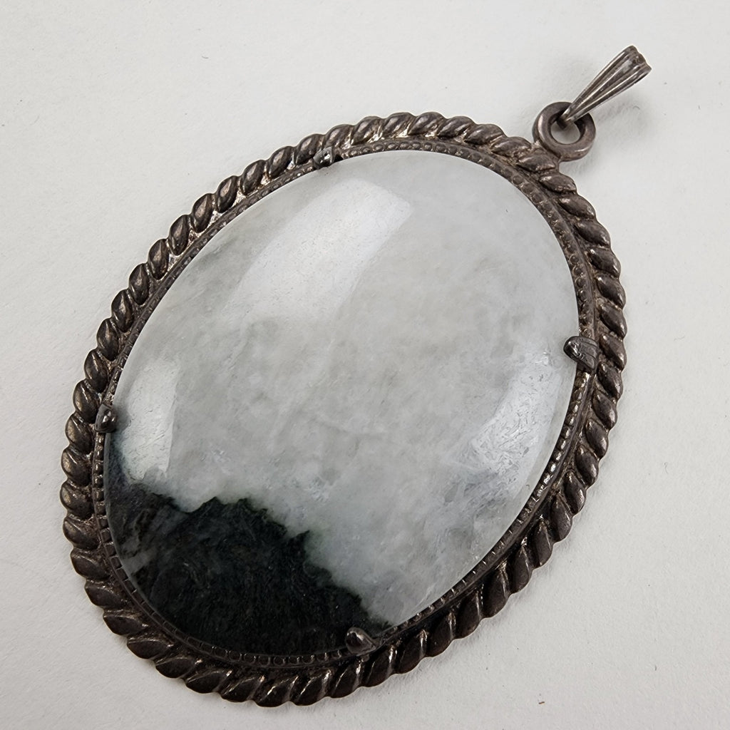 Oval Green Agate Sterling Silver 925 Pendant Vintage