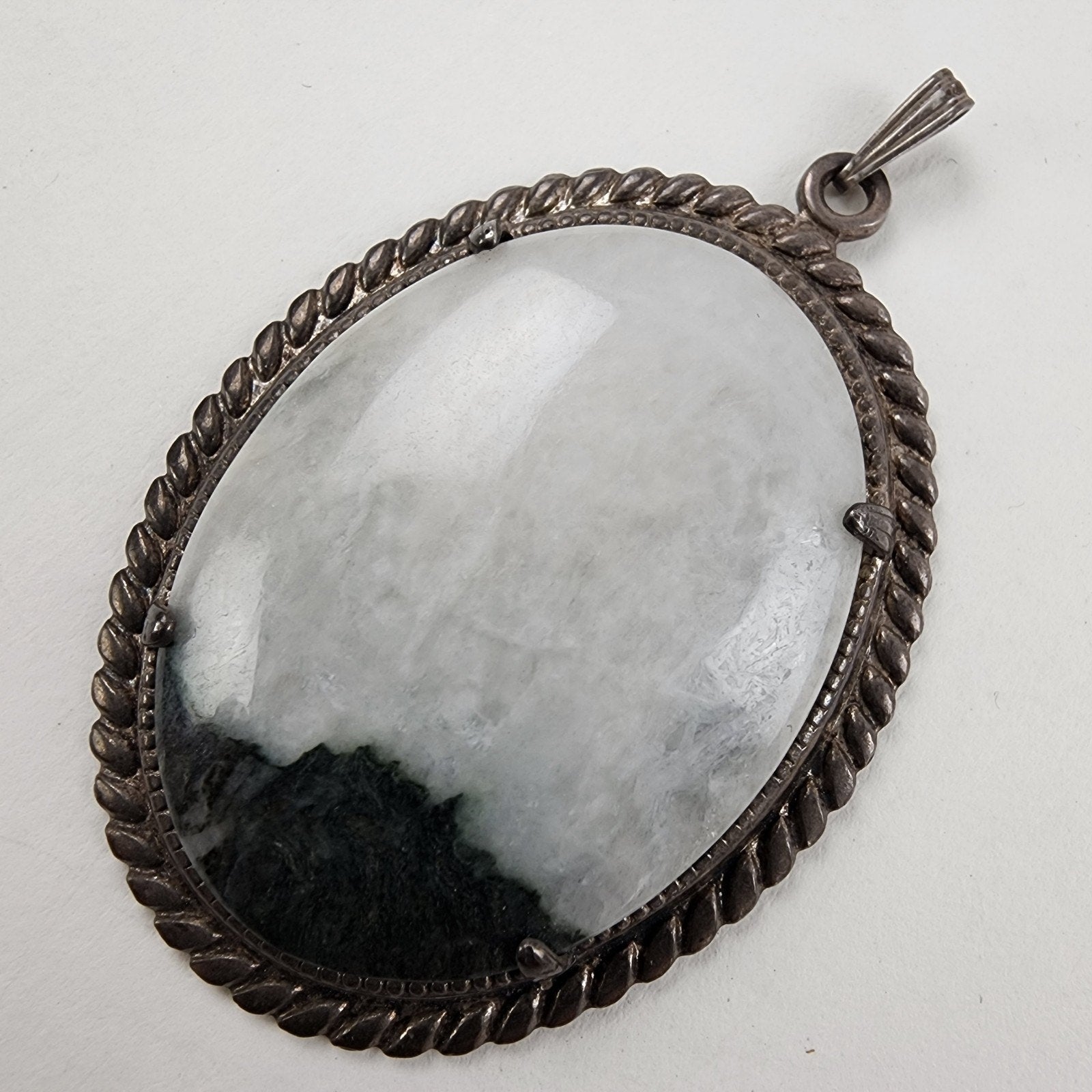 Oval Green Agate Sterling Silver 925 Pendant Vintage