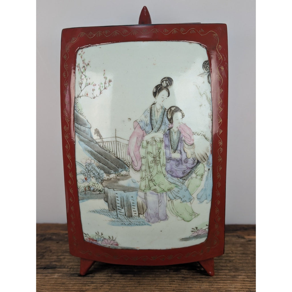Chinese Porcelain Shard Red Lacquer Box Paper Mache