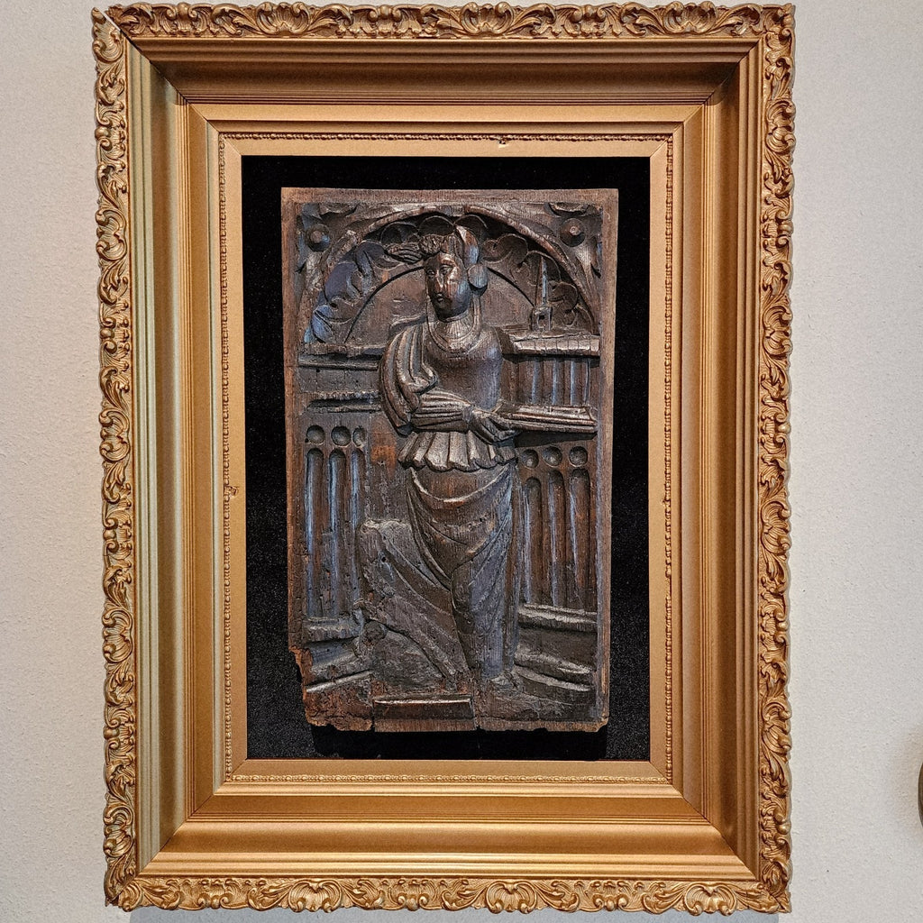 16th C Saint Barbara w Tower Wood Panel France Framed Renaissance Hand Carved
