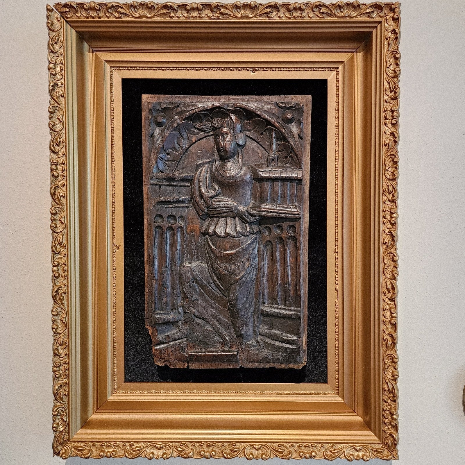 16th C Saint Barbara w Tower Wood Panel France Framed Renaissance Hand Carved