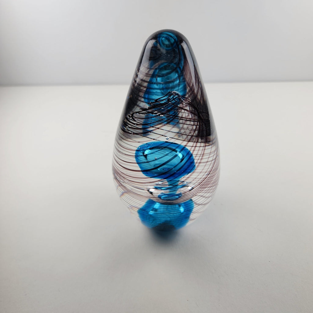 6" Hand Blown Glass Paperweight Air Trap Blue & Clear