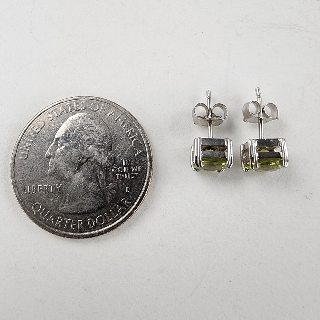 Cushion Cut Peridot Stud Earrings Pair Sterling Silver 925 Vintage