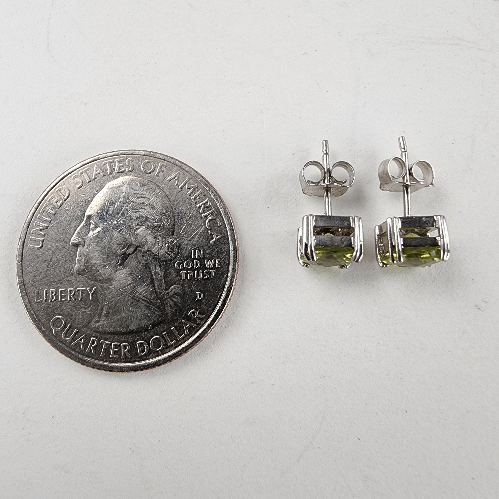 Cushion Cut Peridot Stud Earrings Pair Sterling Silver 925 Vintage