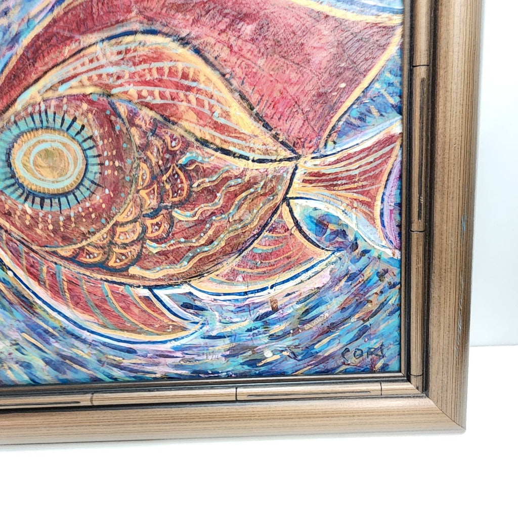 Abstract Fish Acrylic Painting on Panel Signed Cori & Framed