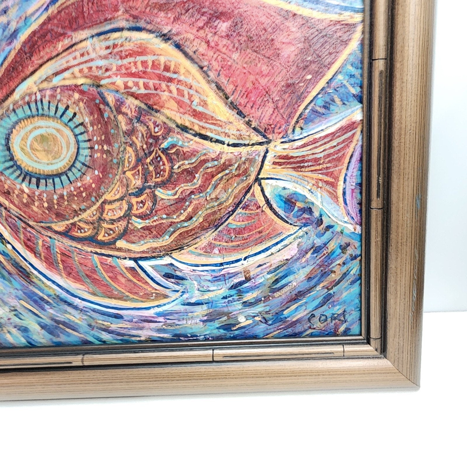 Abstract Fish Acrylic Painting on Panel Signed Cori & Framed