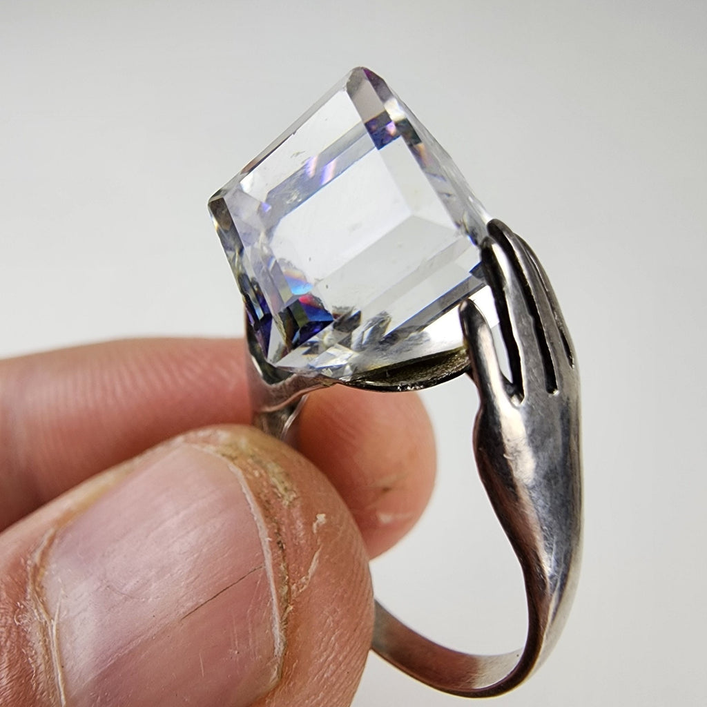 Hands w Iridescent Dichroic Cube Ring Size 7 1/2 Sterling Silver 925 Modernist