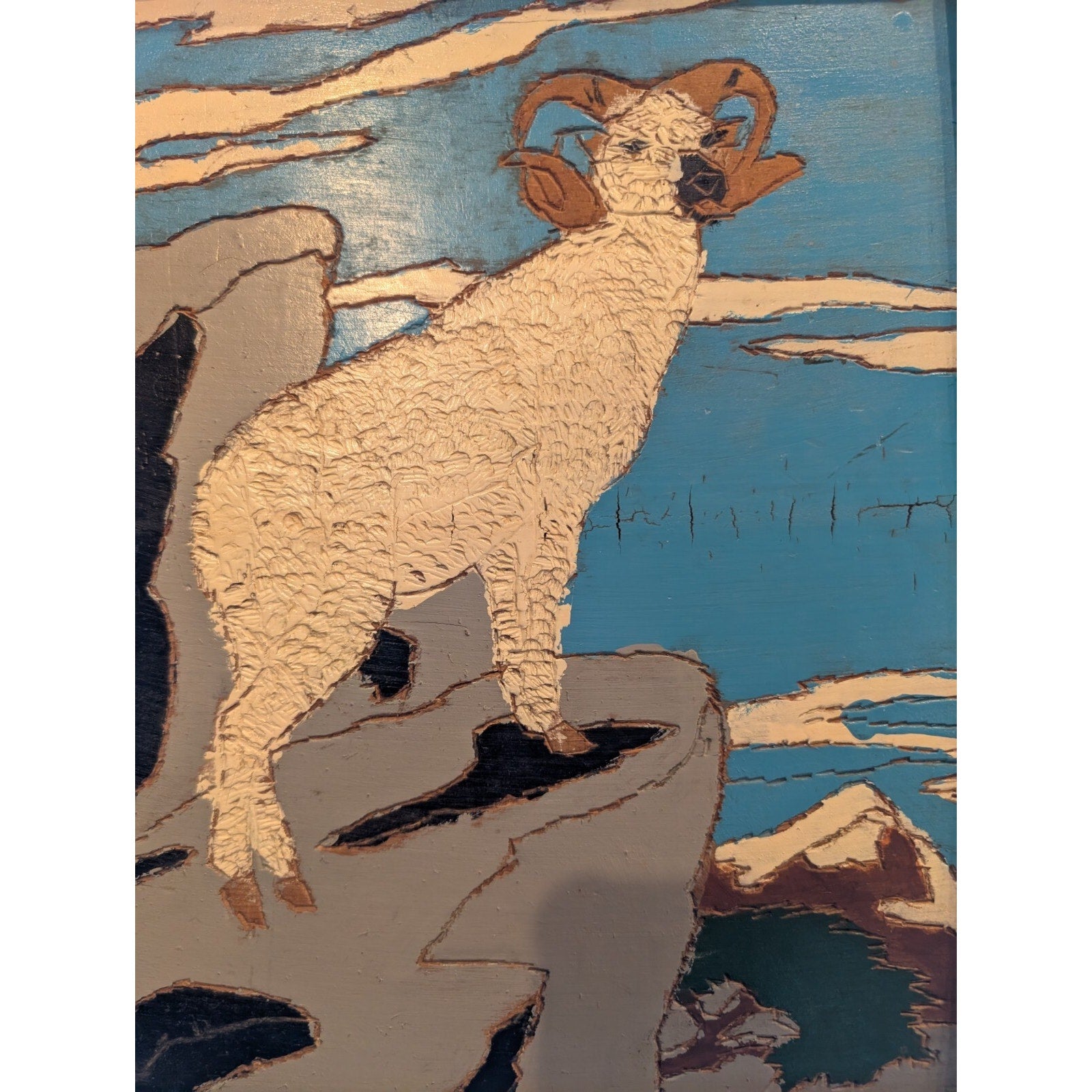 Framed MOUNTAON GOAT Wood Burning Painting Hand Carved