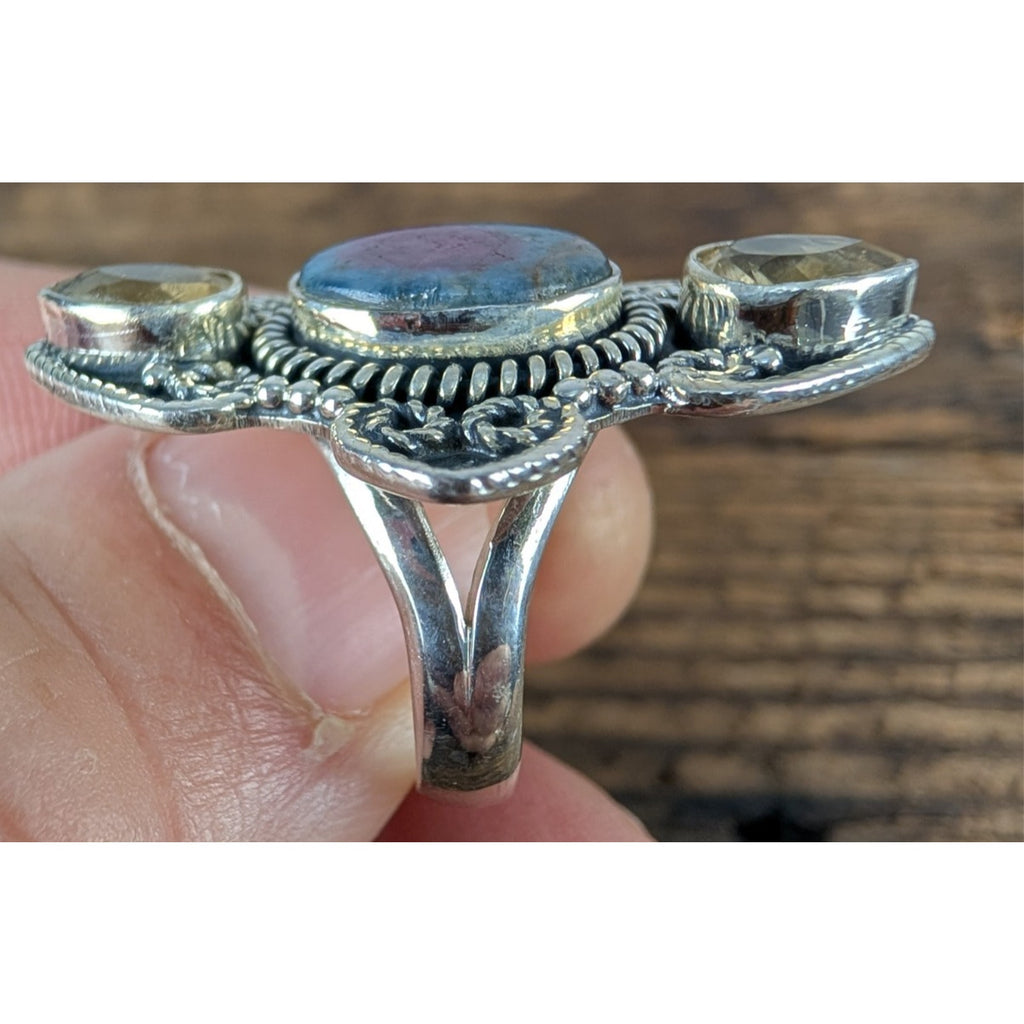 New RUBY ZOISITE & CITRINE Sterling Silver 925 Ring Size 8