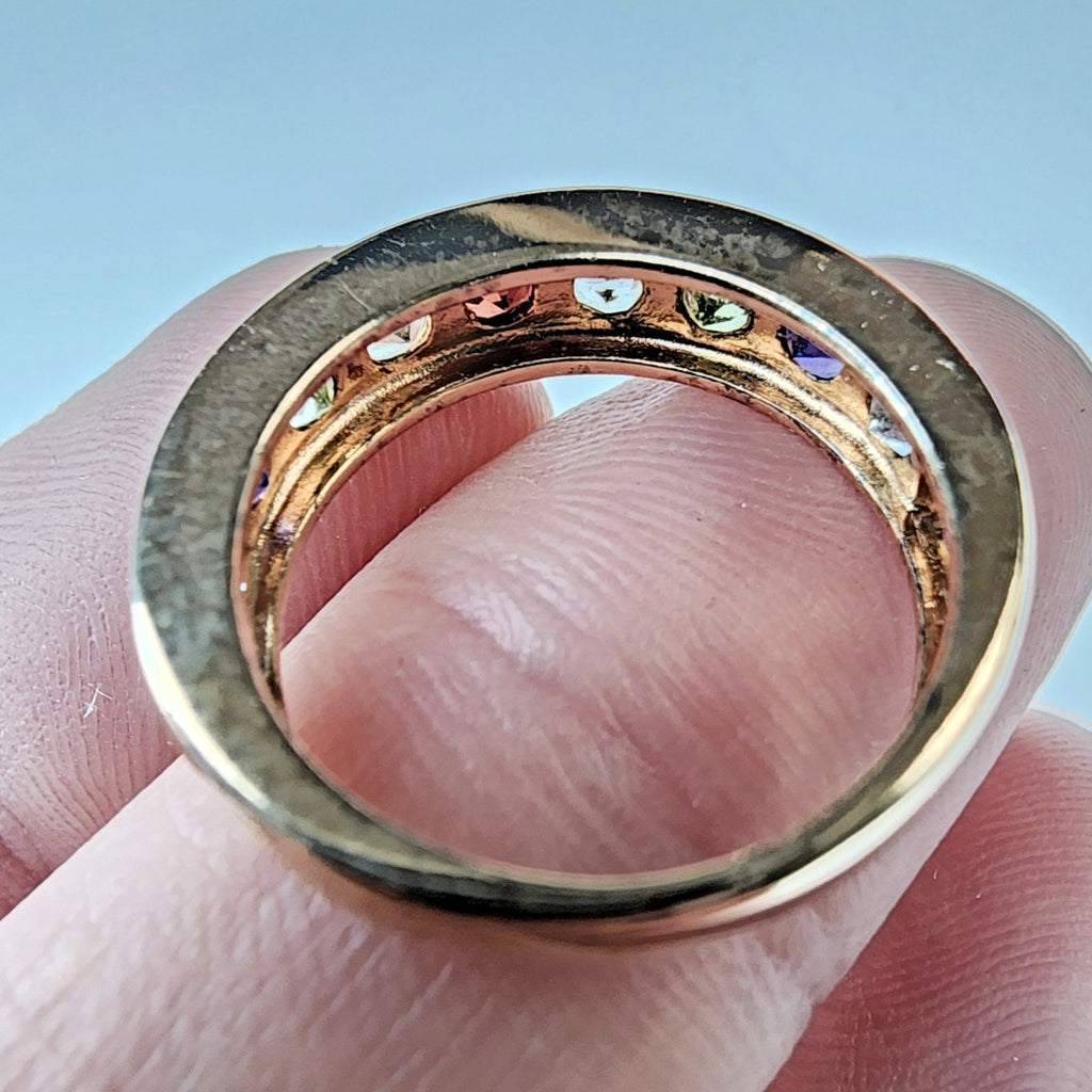 Channel Set Rainbow Gemstone Gold Finish Band Ring Size 7 Sterling Silver 925