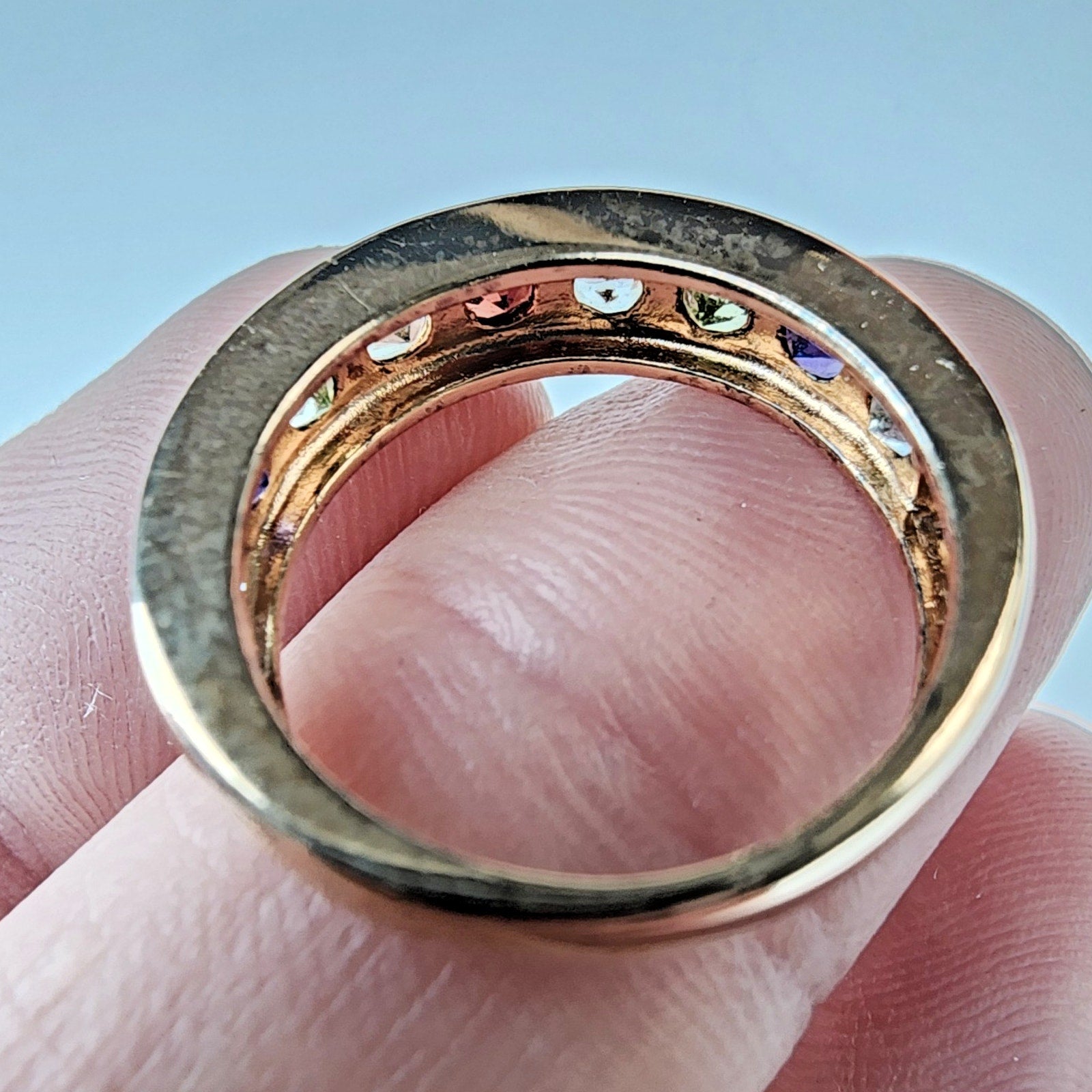 Channel Set Rainbow Gemstone Gold Finish Band Ring Size 7 Sterling Silver 925