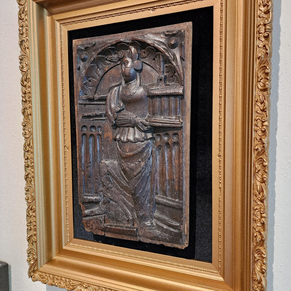 16th C Saint Barbara w Tower Wood Panel France Framed Renaissance Hand Carved