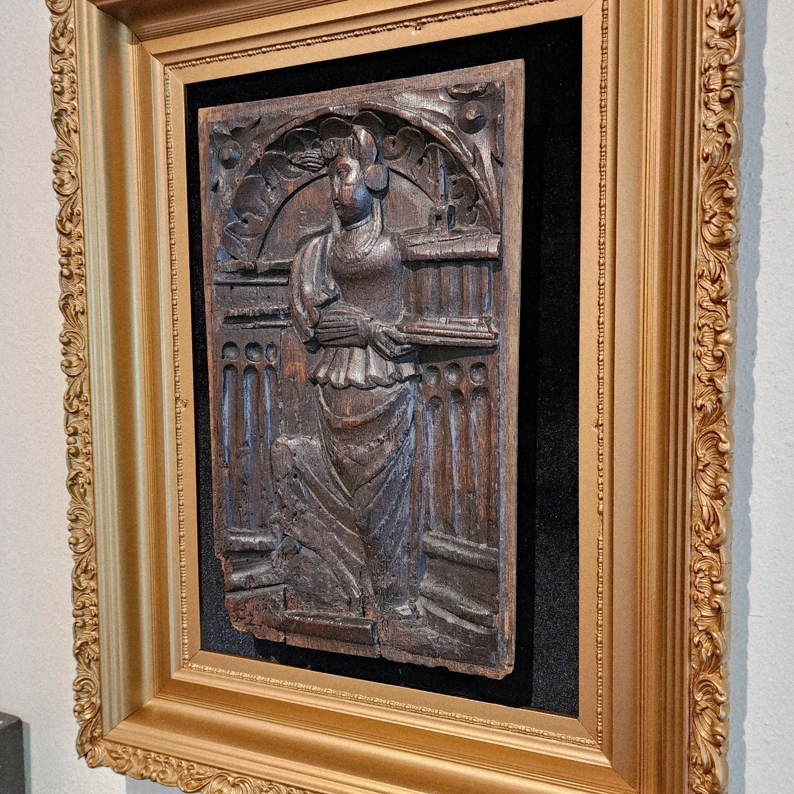 16th C Saint Barbara w Tower Wood Panel France Framed Renaissance Hand Carved