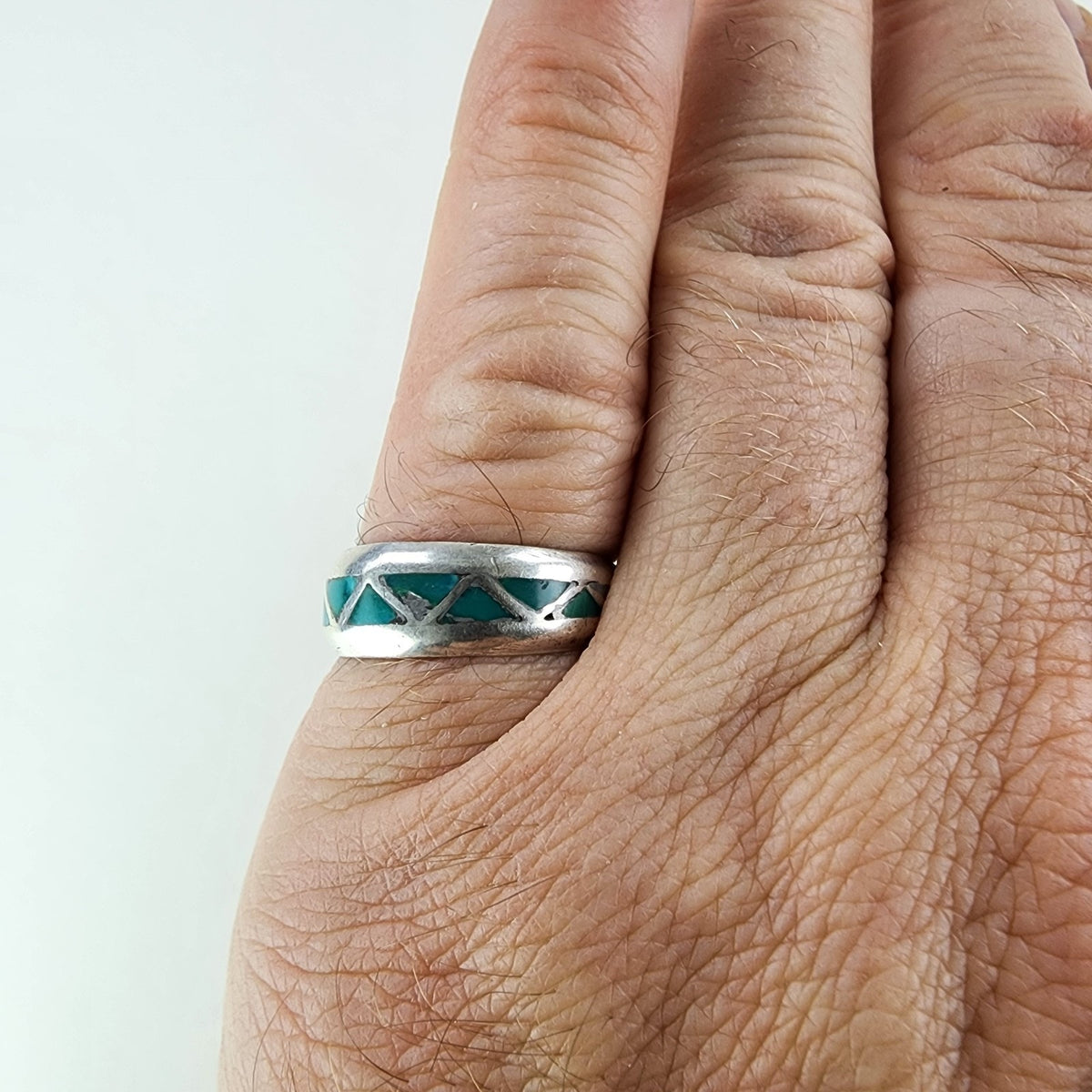 Southwestern Turquoise Inlay Ring Size 8 Sterling Silver 925 Vintage