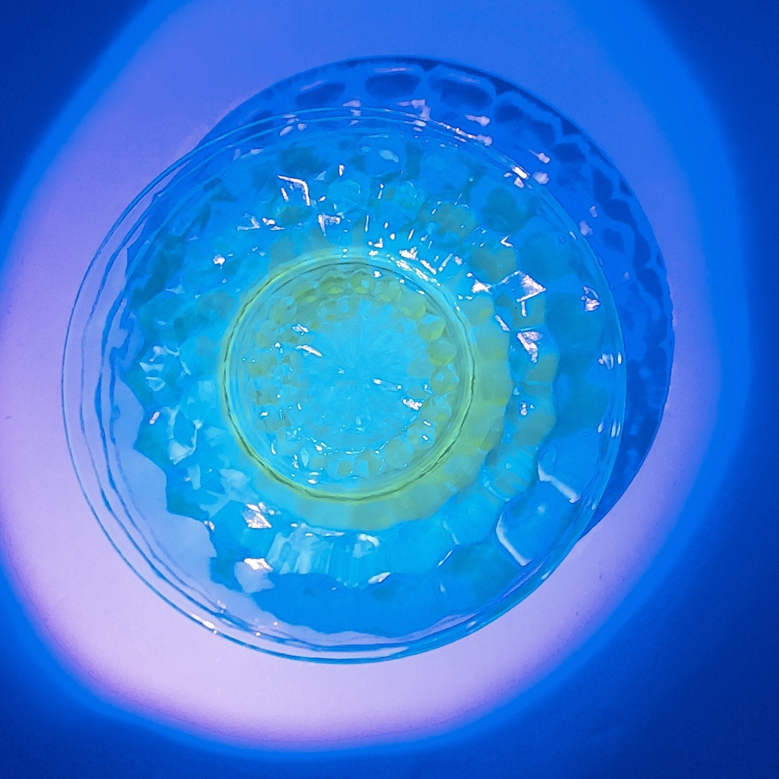 6" Block Optic UV Uranium Glow Plate Set of 4 Vintage Depression Glass