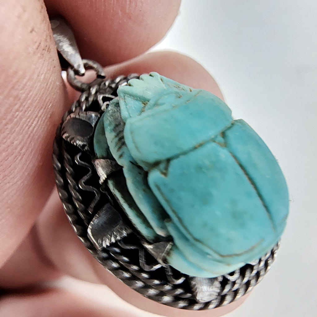 Steatite Egyptian Scarab Beetle Sterling Silver 925 Faience Pendant