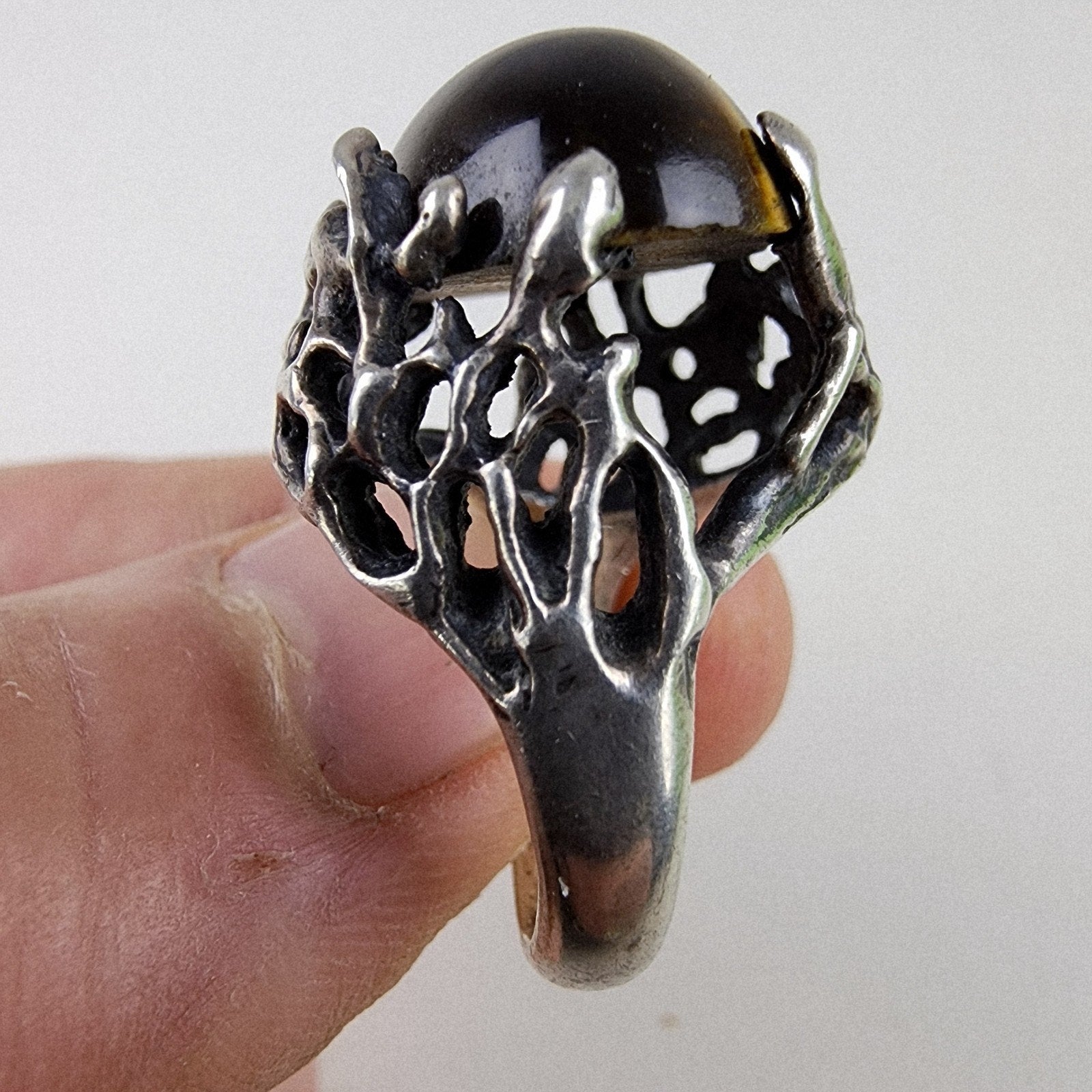 Brutalist Tigers Eye Cabochon Taxco Ring Size 8 by Mateo Sterling Silver 950 925