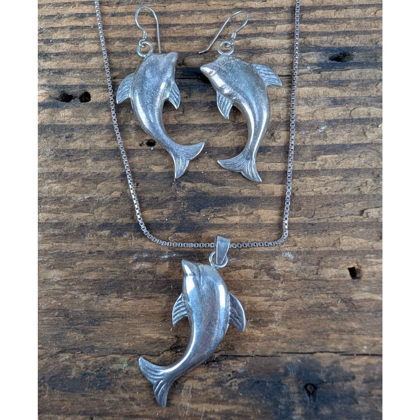 Vintage Dolphin Sterling Silver 925 Necklace and Earrings Set