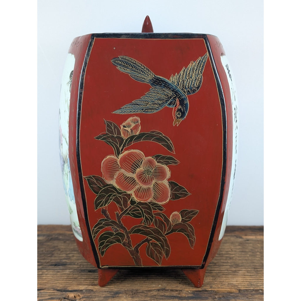 Chinese Porcelain Shard Red Lacquer Box Paper Mache