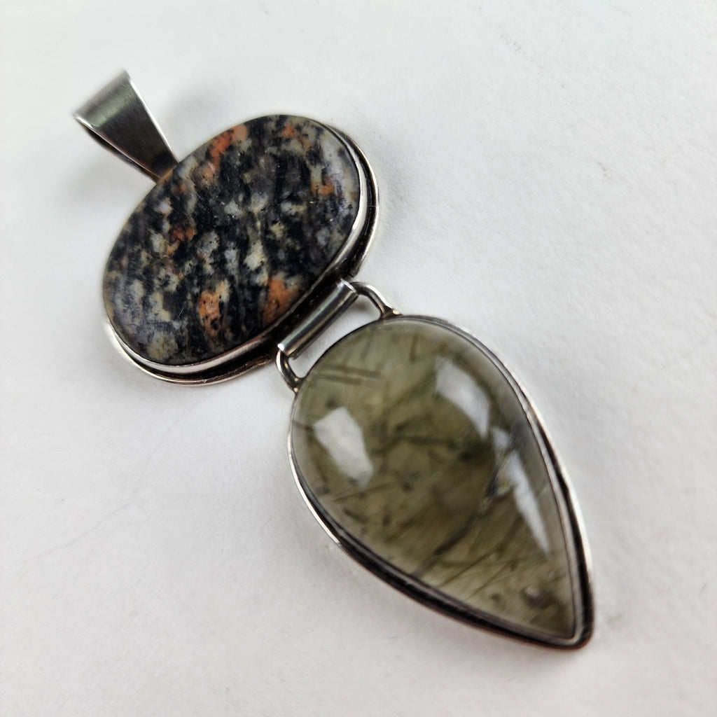 Rutilated Quartz & Rhodochrosite Sterling Silver 925 Vintage Articulated Pendant