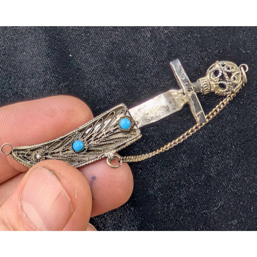 Vintage Filigree Turquoise Dagger Pendant or Brooch Sterling Silver 935 Isreal