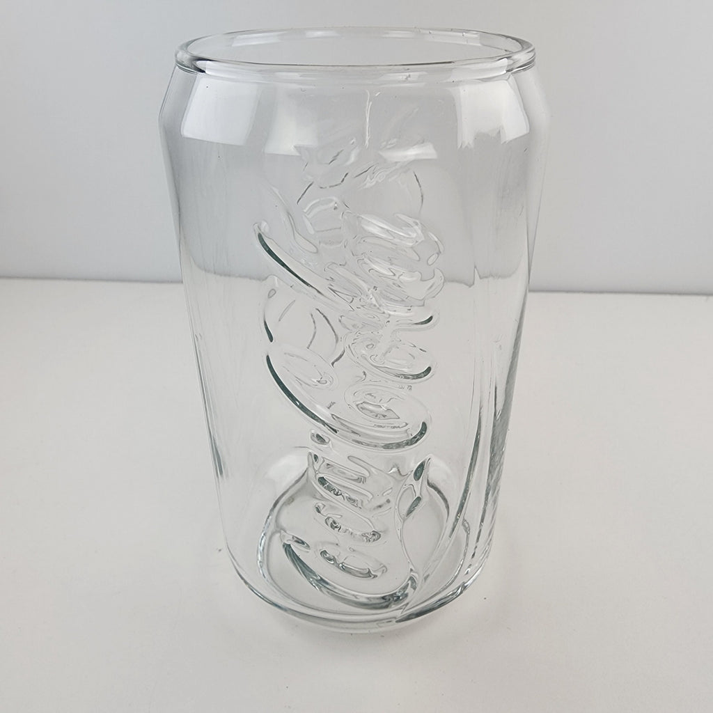 Coca Cola Can Shaped Classic Clear Embossed Glass Tumbler 4 3/4" Tall