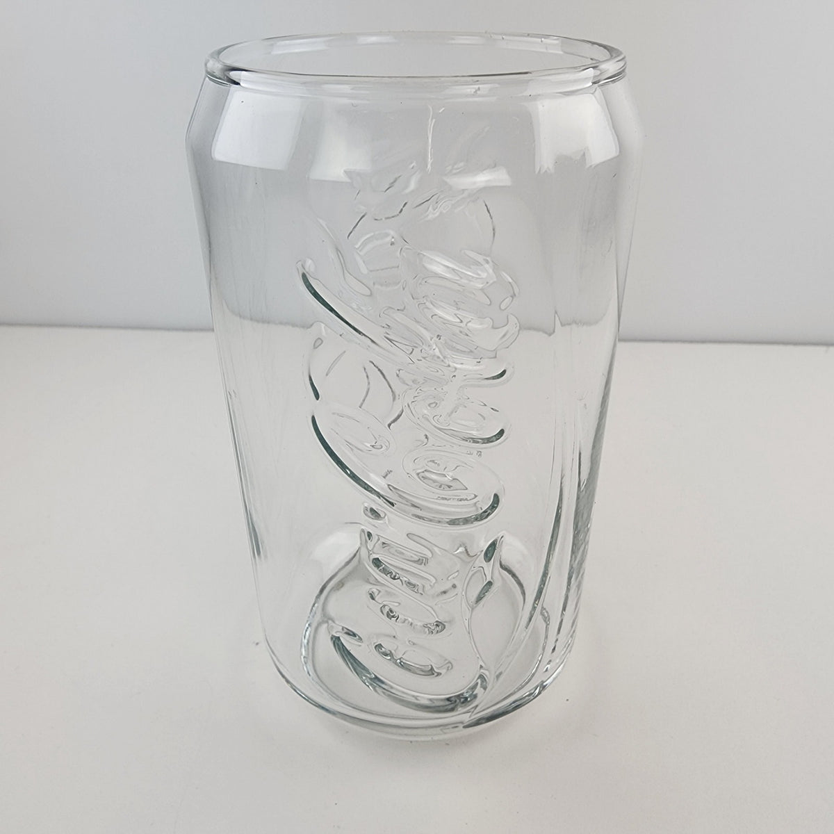 Coca Cola Can Shaped Classic Clear Embossed Glass Tumbler 4 3/4" Tall