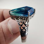 Blue Tourmaline Indicolite Ring Size 9 in Sterling Silver 925 Art Deco Revival
