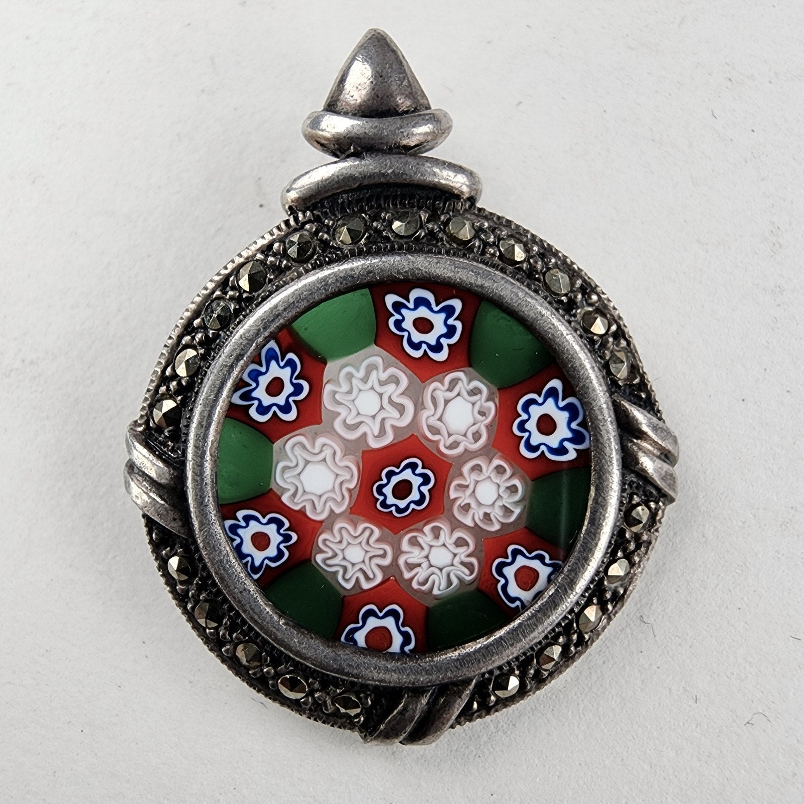 Italian Millefiori Marcasite Glass Pendant Sterling Silver 925 Vintage