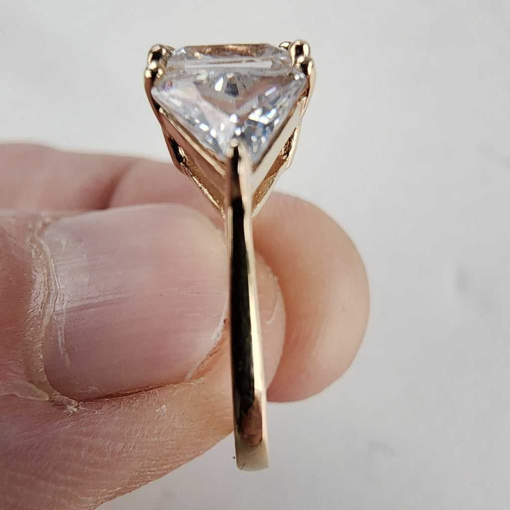 Three Stone Trillion & Princess Cut Ring Size 6 w Gold over Sterling Silver 925