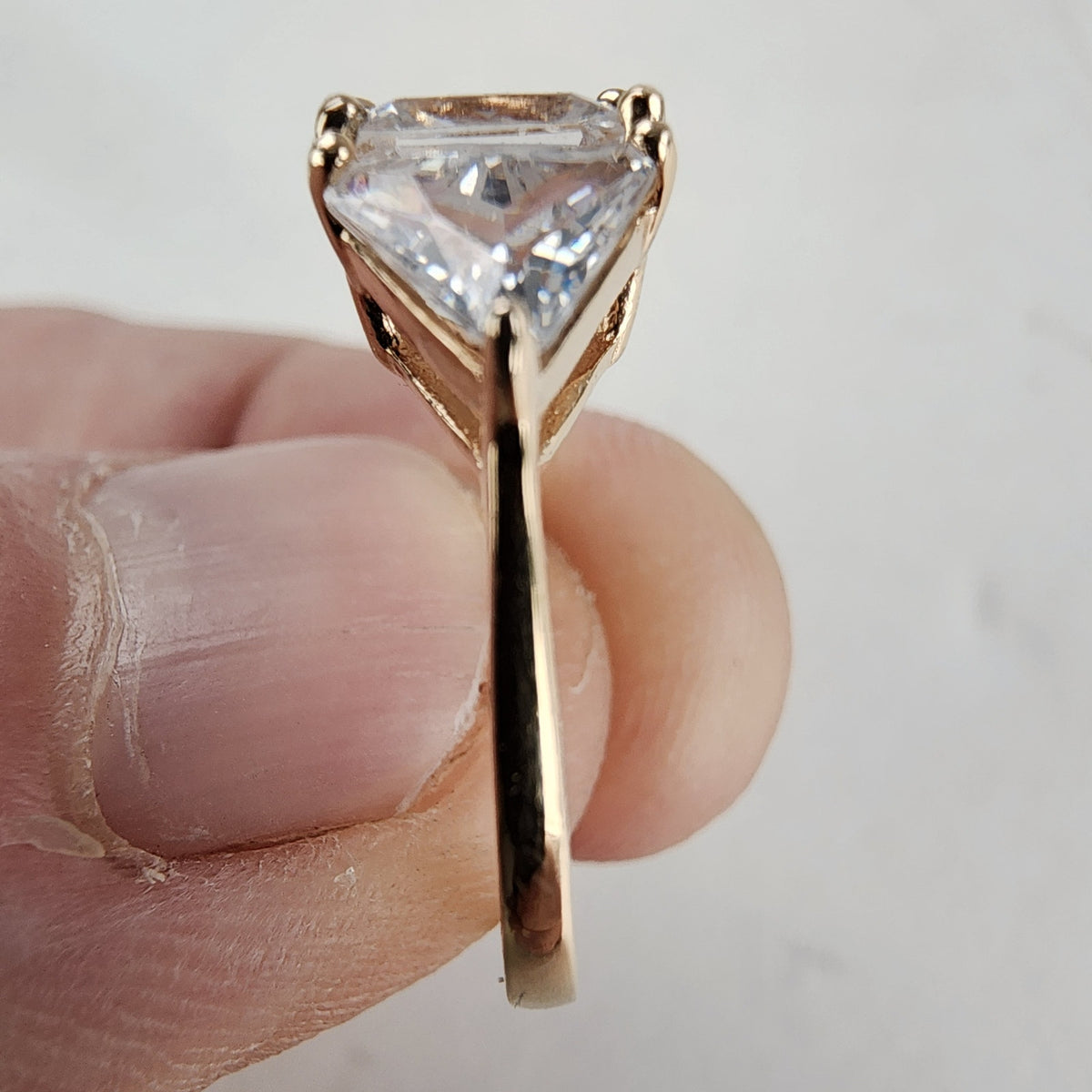 Three Stone Trillion & Princess Cut Ring Size 6 w Gold over Sterling Silver 925