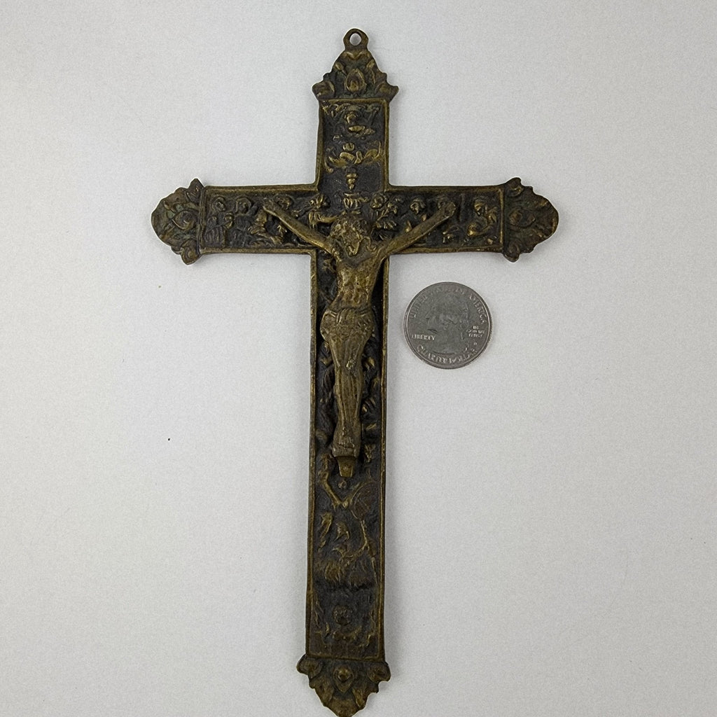 19th C European Baroque Bronze Crucifix Antique Relief Cross 7 1/2"