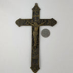 19th C European Baroque Bronze Crucifix Antique Relief Cross 7 1/2"