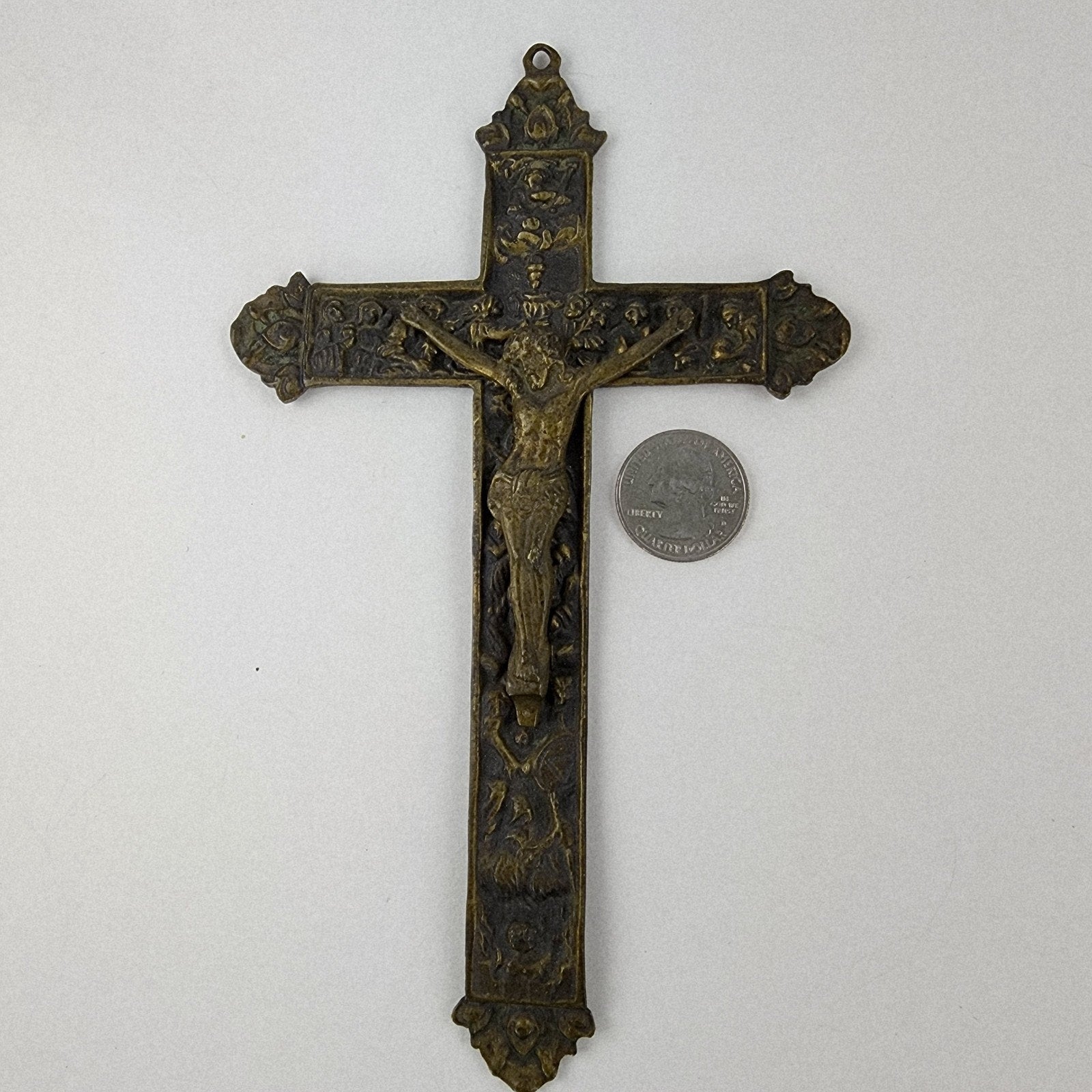 19th C European Baroque Bronze Crucifix Antique Relief Cross 7 1/2"