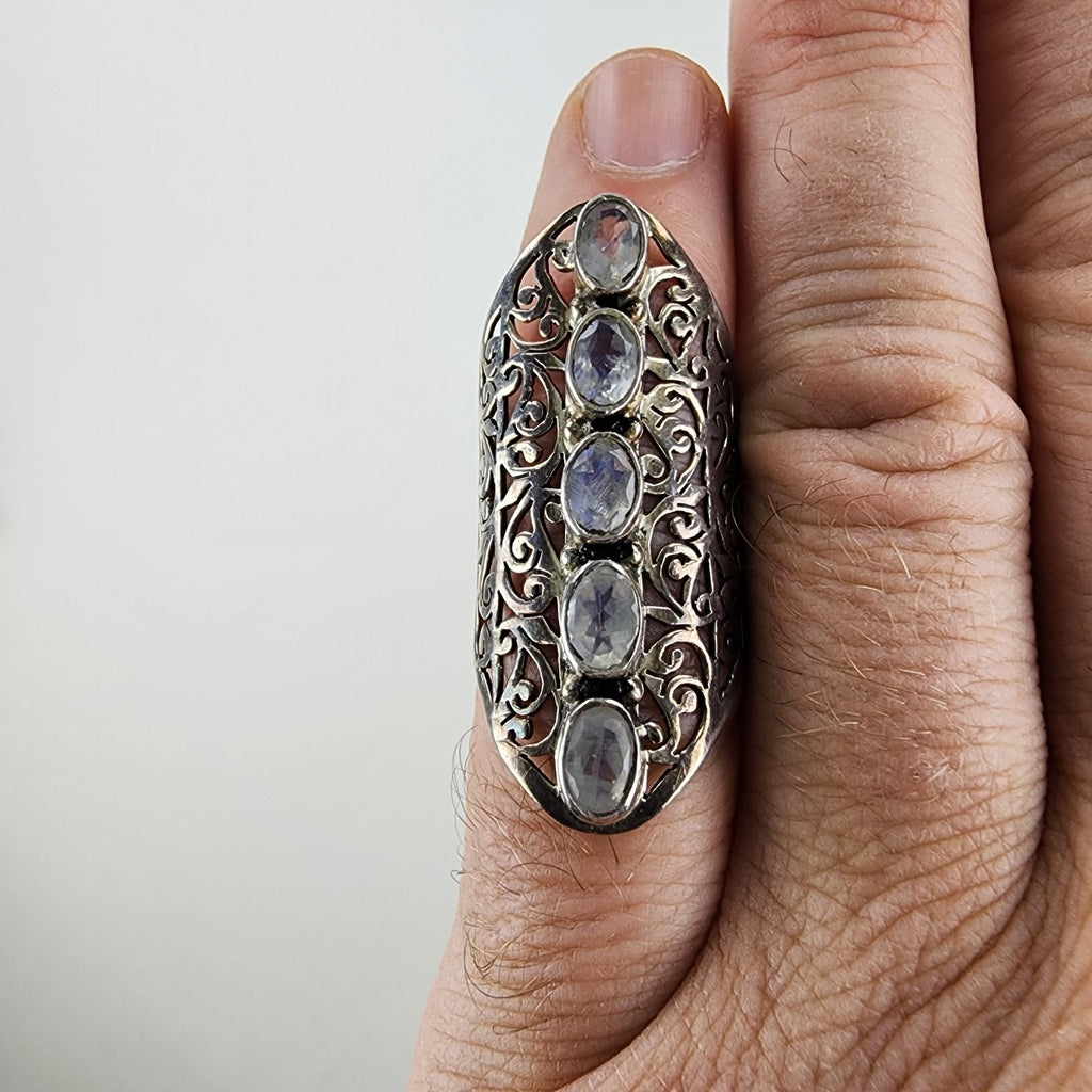 Rainbow Moonstone Filigree Shield Ring Size 7 1/2 Sterling Silver 925 Vintage