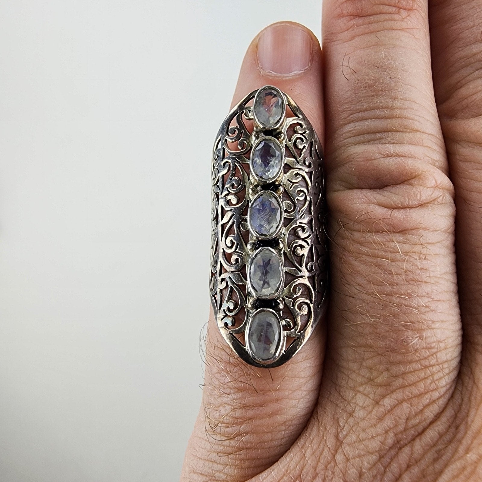 Rainbow Moonstone Filigree Shield Ring Size 7 1/2 Sterling Silver 925 Vintage