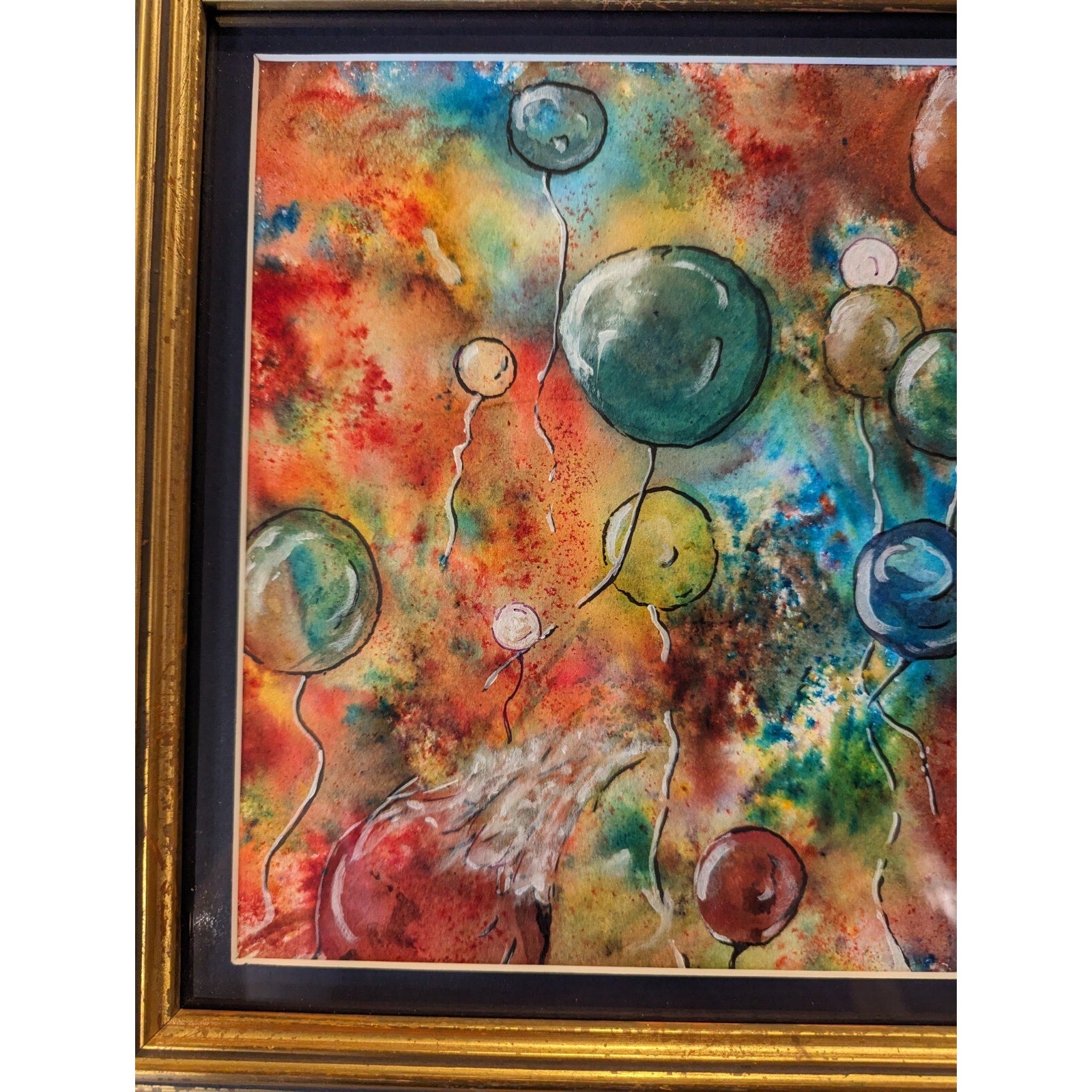 Framed Watercolor & Ink Balloons Popping Painting by Robert Yasenchak 2019