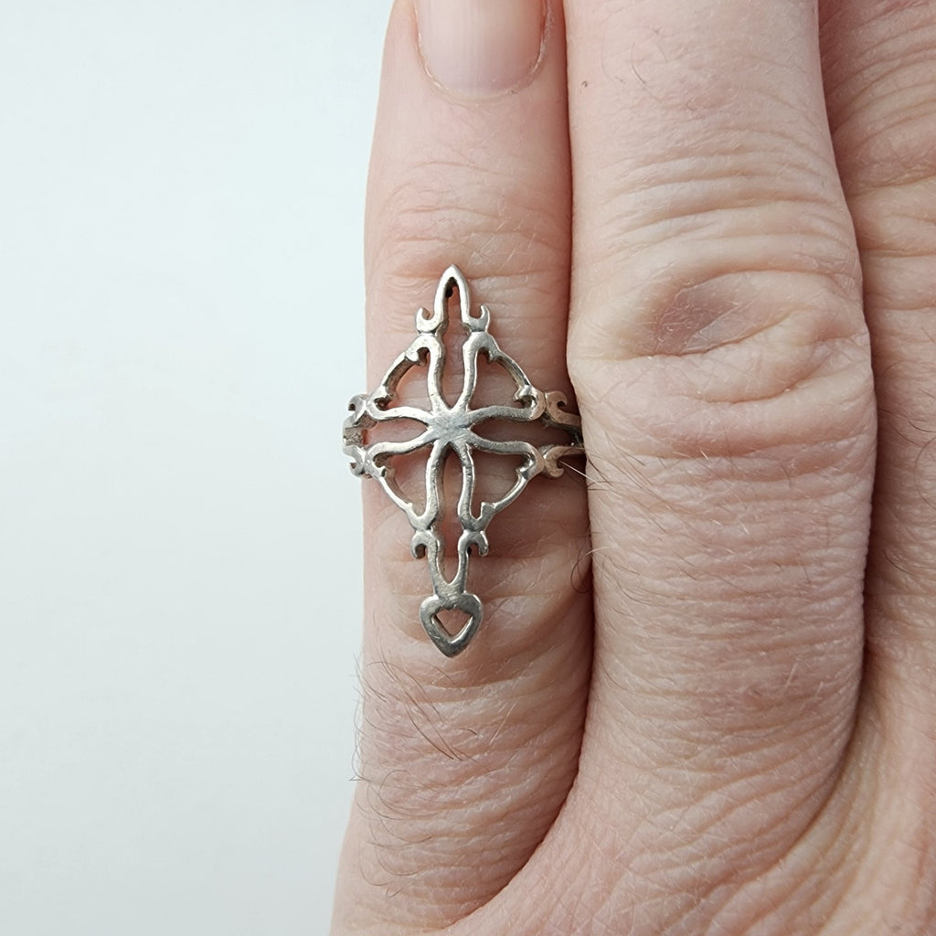 Filigree Open Cross Ring Size 6 Sterling Silver 925 Vintage