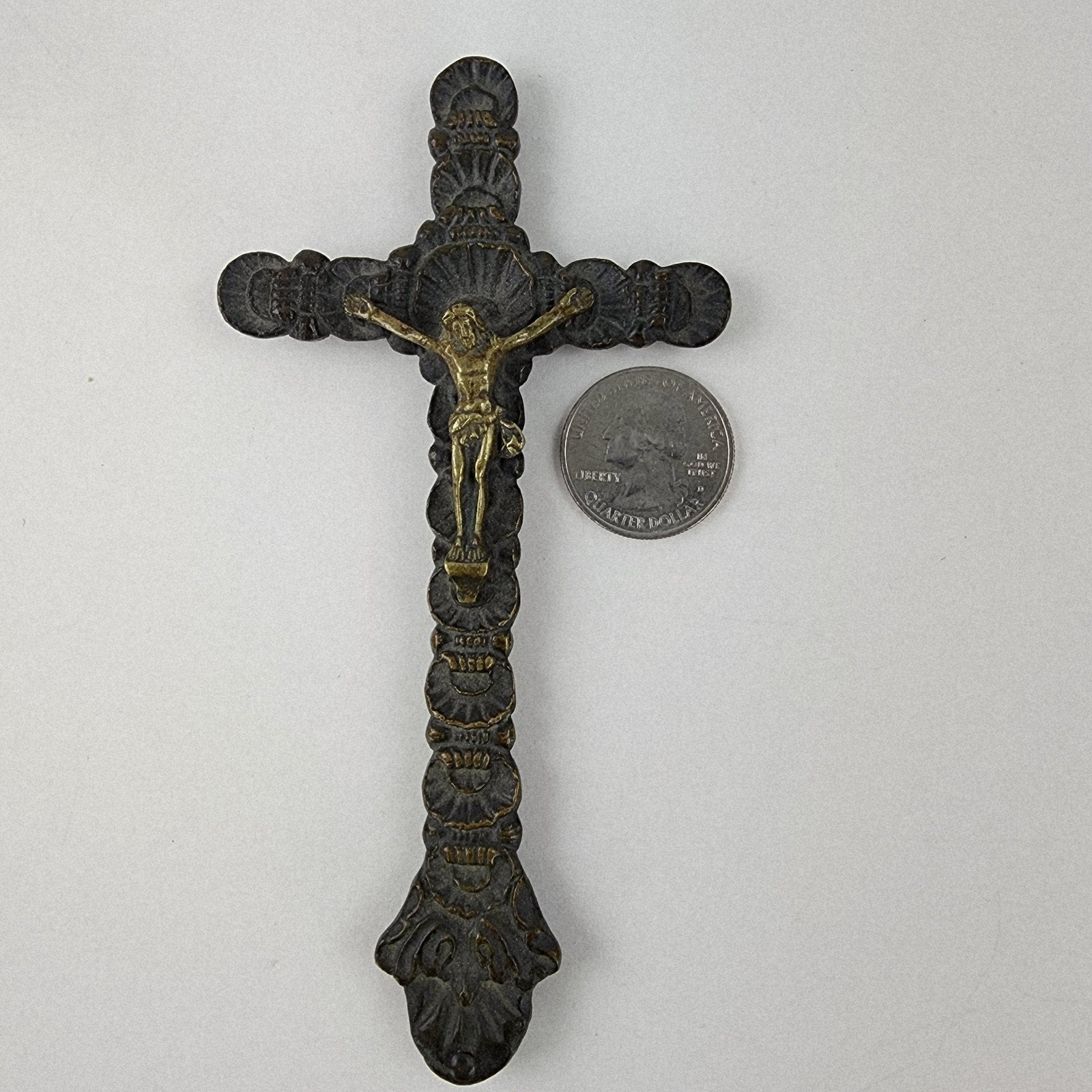 18/19th C Spanish Colonial Bronze Crucifix Antique Brass Cross 5"