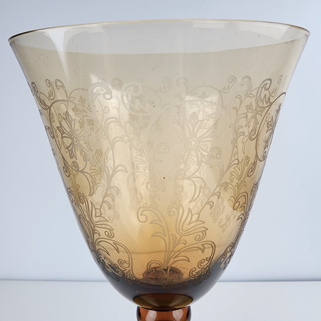 7" Etched Amber Depression Glass Stemmed Wine Glass Vintage