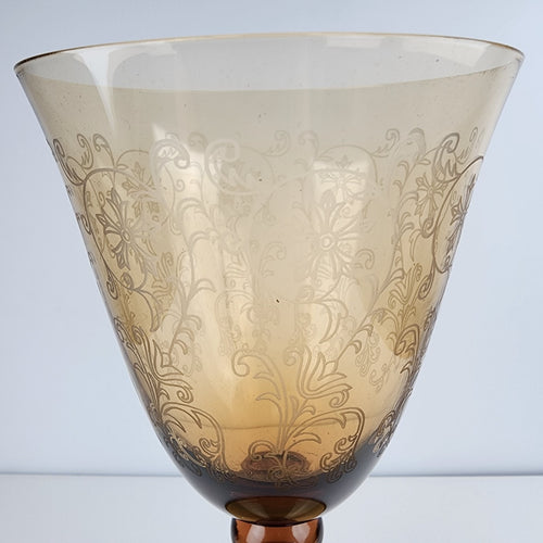 7" Etched Amber Depression Glass Stemmed Wine Glass Vintage