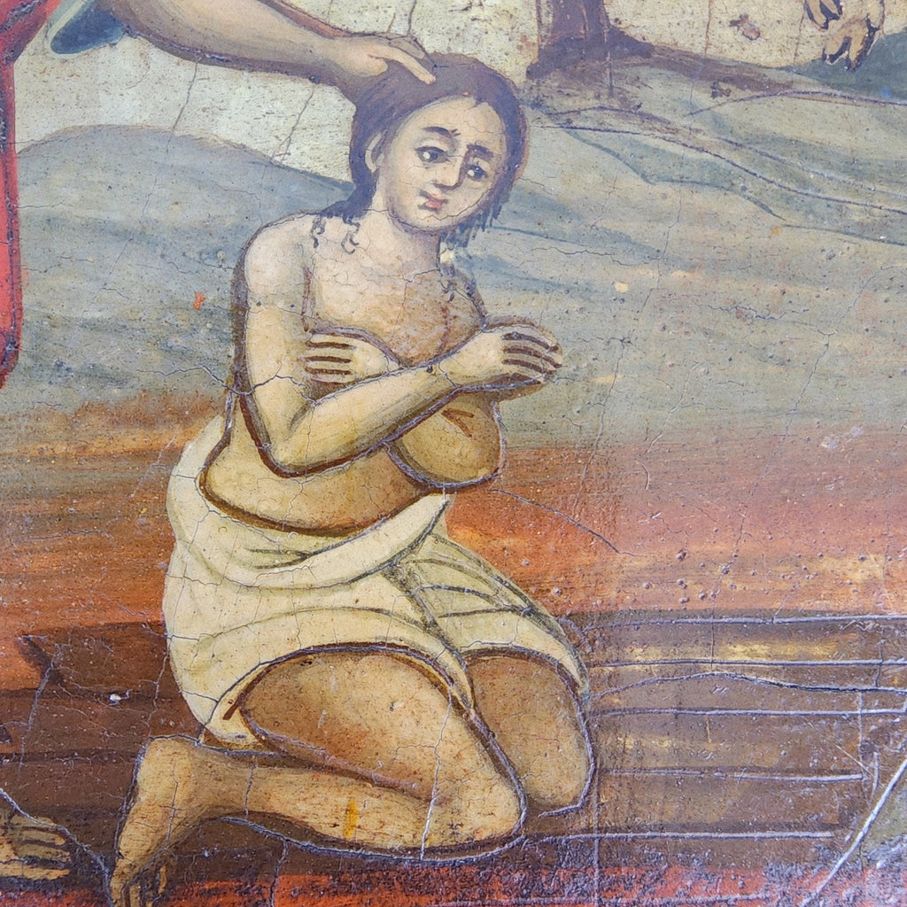 18c Sacrifice of Abraham Greek Icon Antique Hand Painted Isaac & Ram Unrestored