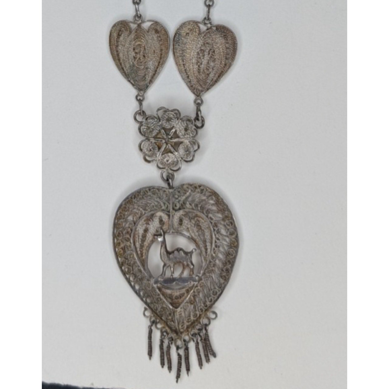 Vintage Filigree Sterling Silver 925 Heart Necklace w/ Camel 18 1/2" Tribal Peru