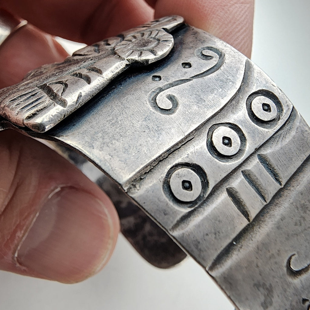 Early Taxco Mayan Warrior Cuff Bracelet 980 Sterling Silver