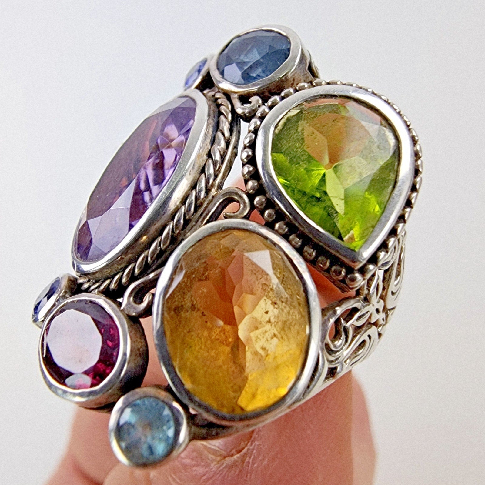 Designer Gemstone Cluster Ring Size 8 1/2 Sterling Silver 925 Vintage