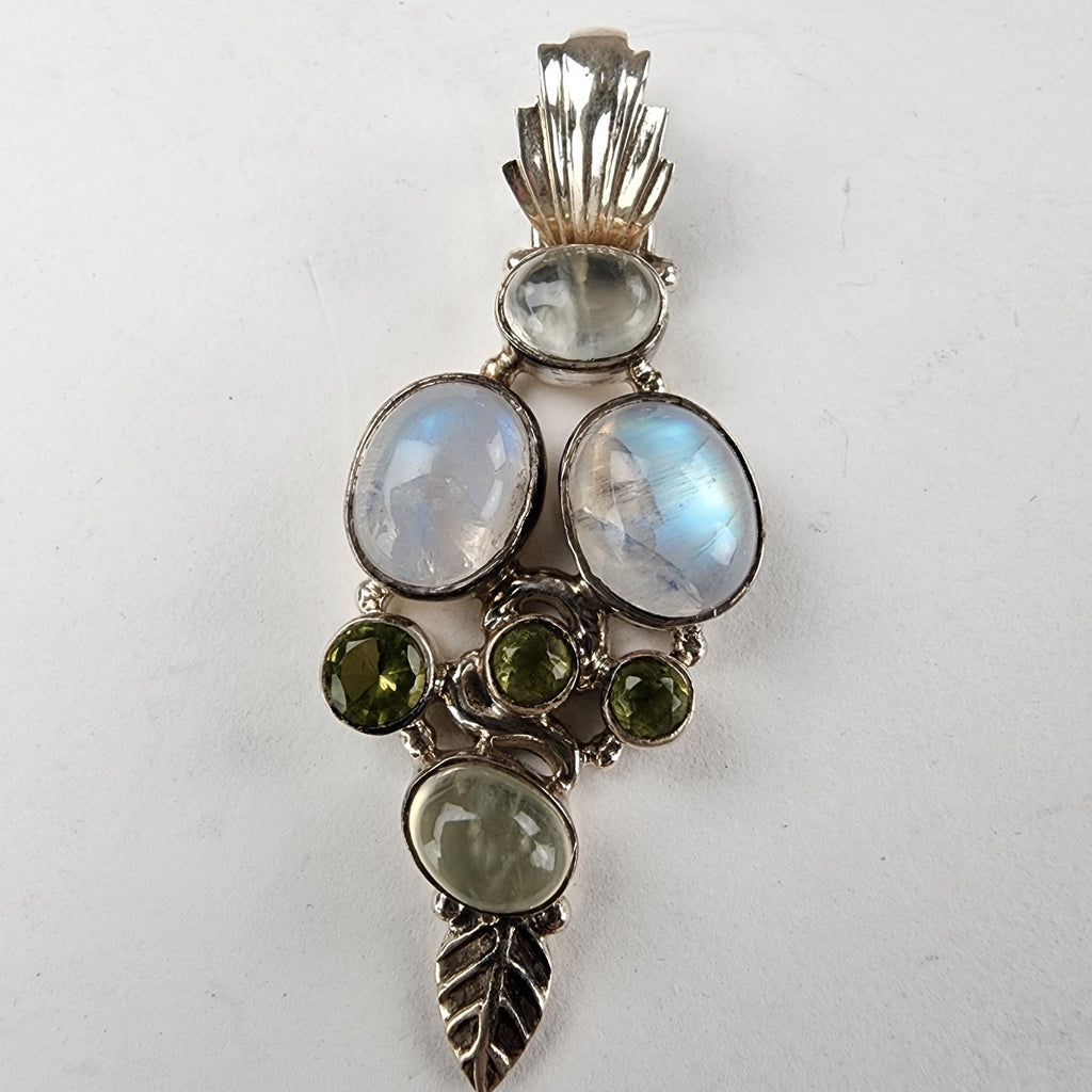 Rainbow Moonstone & Peridot Sterling Silver 925 Pendant Vintage